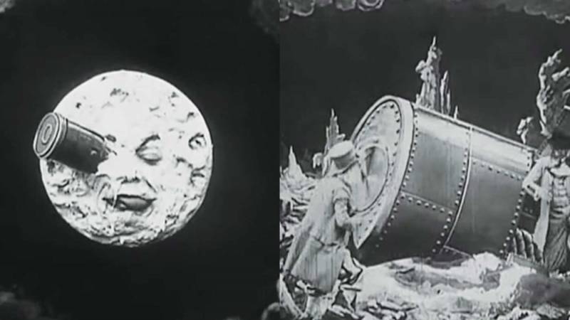 Screen grabs from "Trip to the Moon" showing Moon with a face and a rocket ship in it's eye and men in top hats on the moon.