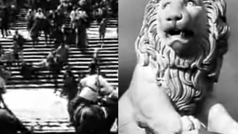 Scenes from “Battleship Potemkin” showing soldiers marching down steps and a statue of a lion.