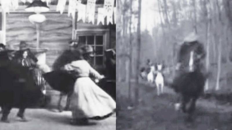 Two Scenes from “The Great Train Robbery” showing a couple dancing and men riding on horses.