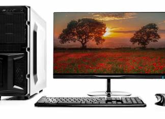 Desktop computer, monitor, keyboard and mouse against a white background.