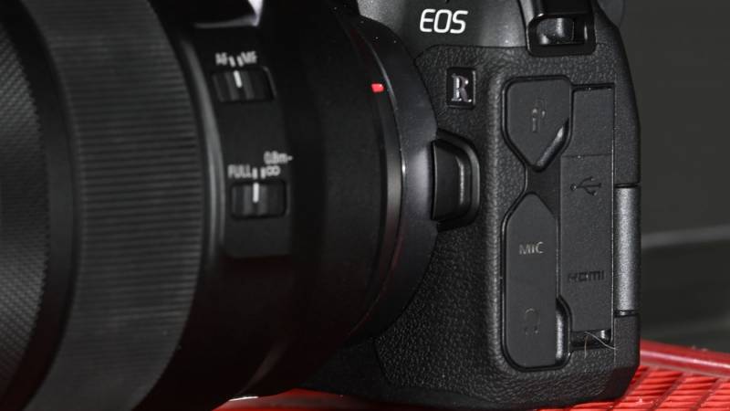 Close up showing inputs and lens mount on the EOS R