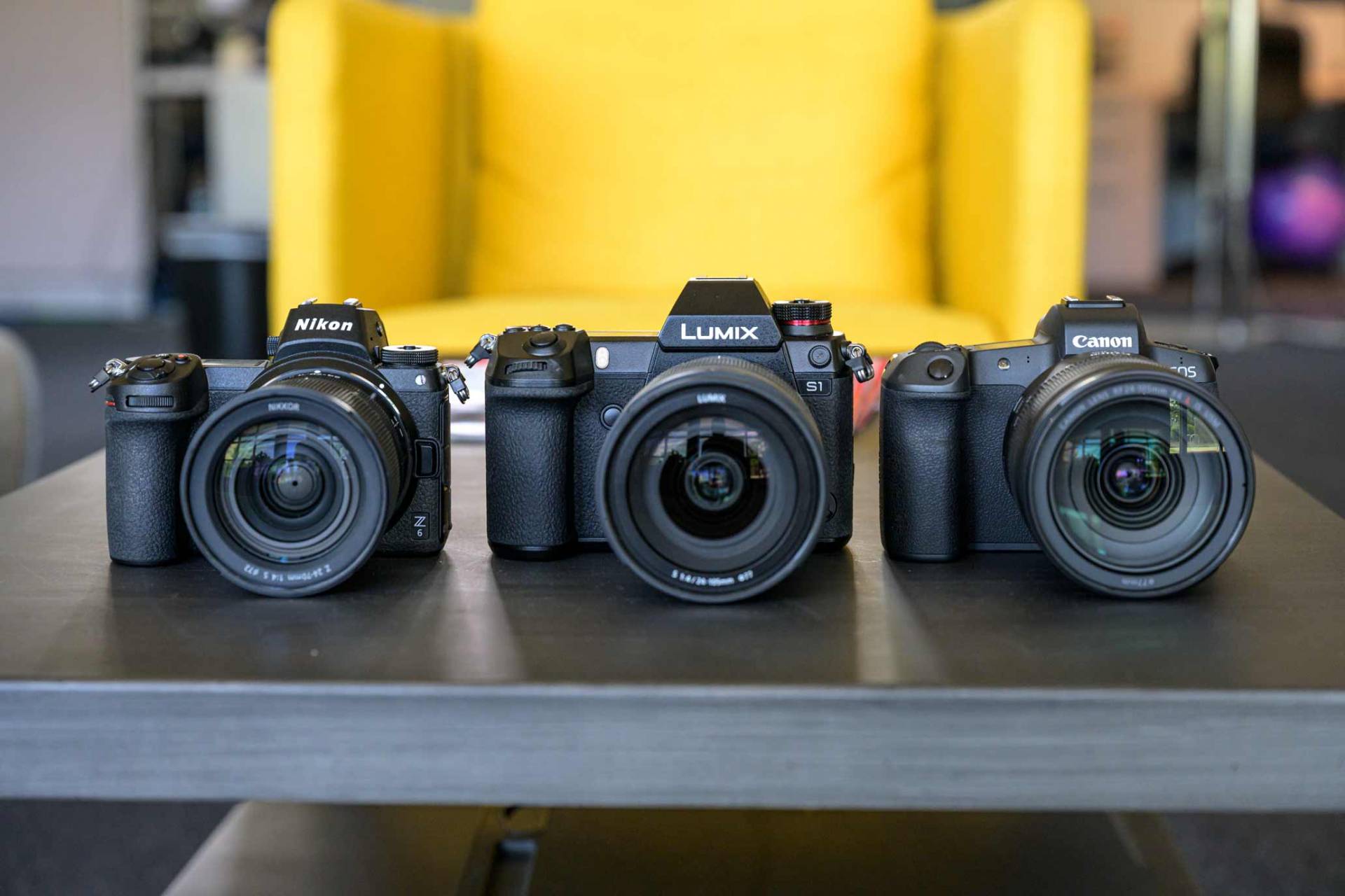 Nikon Z 6, Pansonic Lumix S1 and Canon EOS R in a row showing comparable sizes