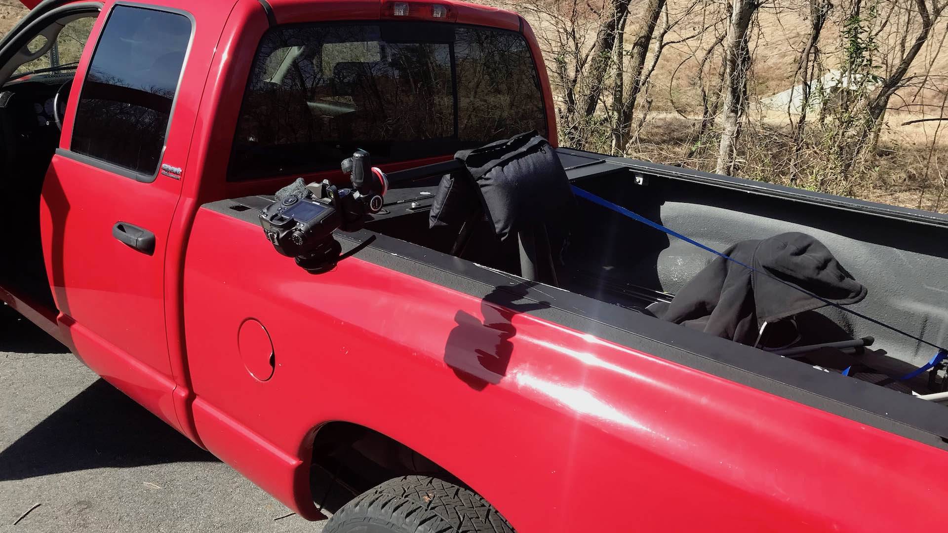 Tripod in pickup bed.