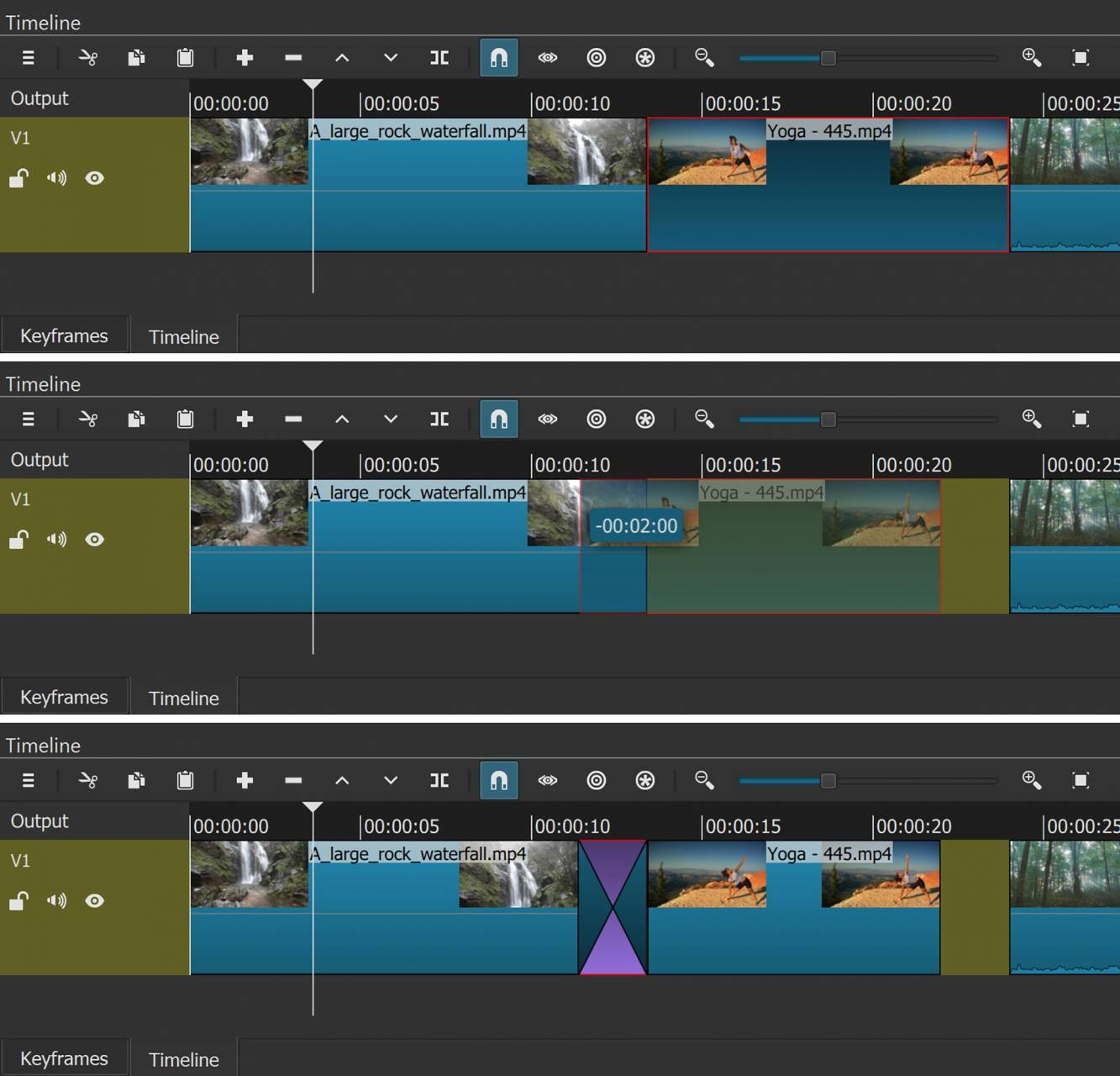 Three images of the Shotcut timeline showing a transition being created. Top: select a clip (outlined in red). Middle: slide the selected clip left on the timeline to overlap the previous clip. Bottom: Shotcut creates a transition automatically.