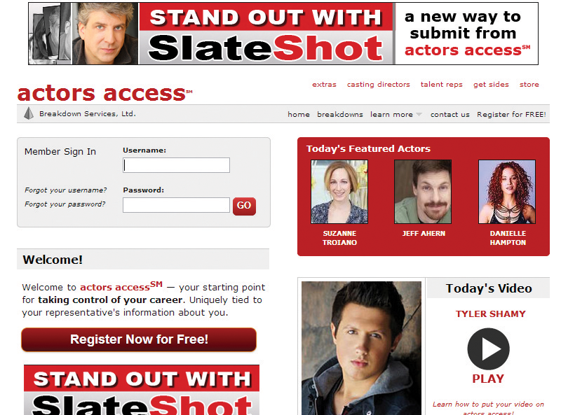 Screen shot of an actorsâ casting website signup