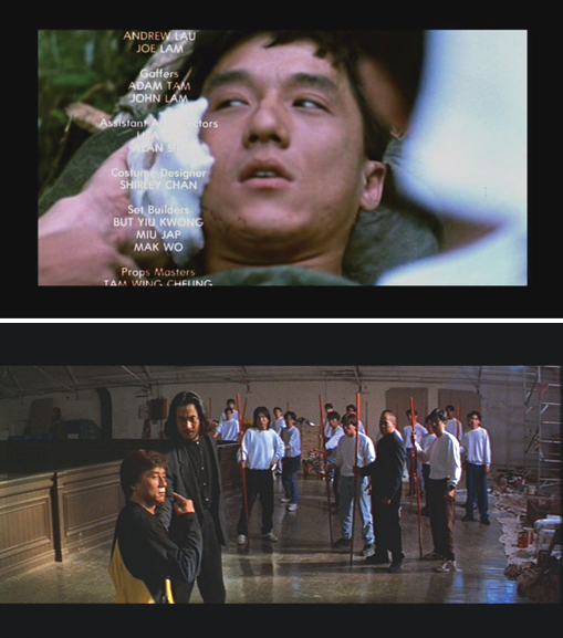 Comedian/actor/stuntman Jackie Chan on a stretcher and a clip from one of his movies.