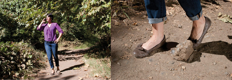 A collage of shots showing a woman walking then tripping over a rock and falling.