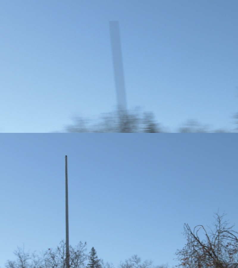 Example of rolling shutter. Upper image is slanted while lower image is vertical.