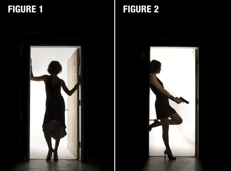 Two photos of a woman standing in a doorway, labeled figure 1 and 2. Figure 1 has her back to the camera figure 2 has her sideways to camera with gun in her hand.