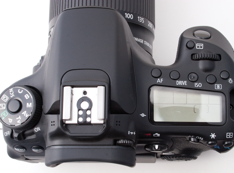 View of the top of the Canon 70D showing dials and controls