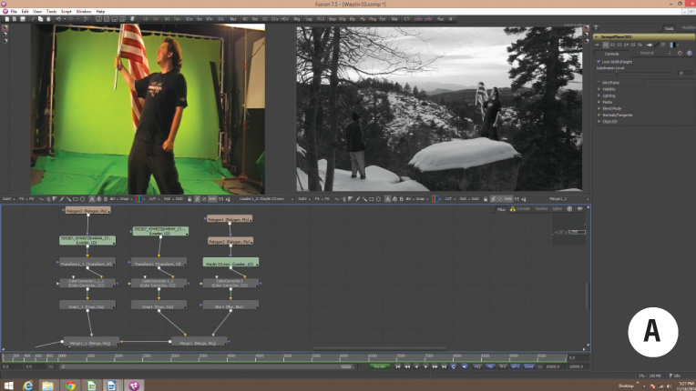 Fusion 7 screen grab showing sixteen nodes, original green screen and initial composite.