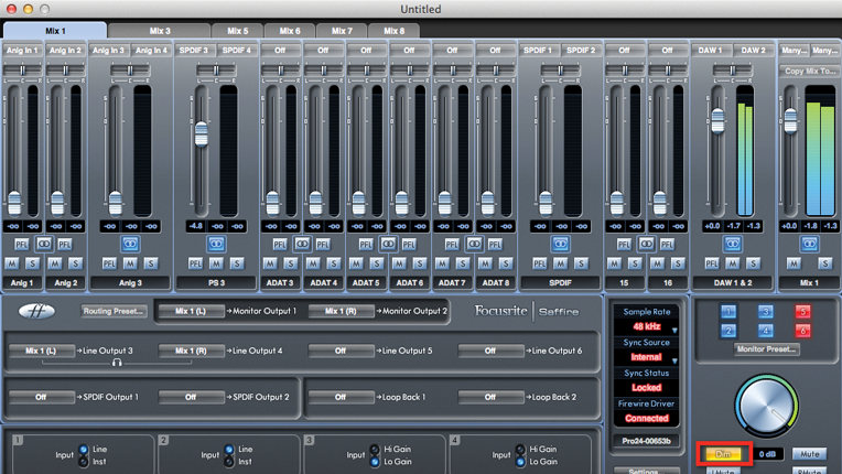 The dim switch on the Saffire Mix Control panel.