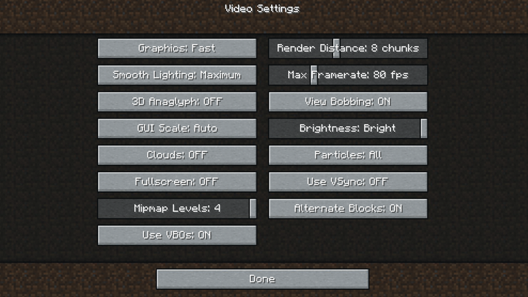 Mine Craft video settings