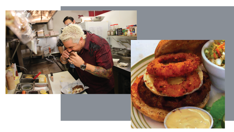 Guy tasting food and a burger with onion ring dish.