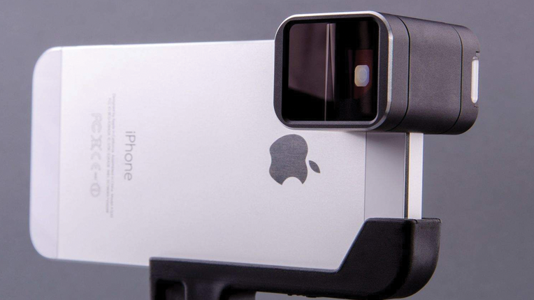 An iPhone with Moondog Labs 1.33x Anamorphic Adapter