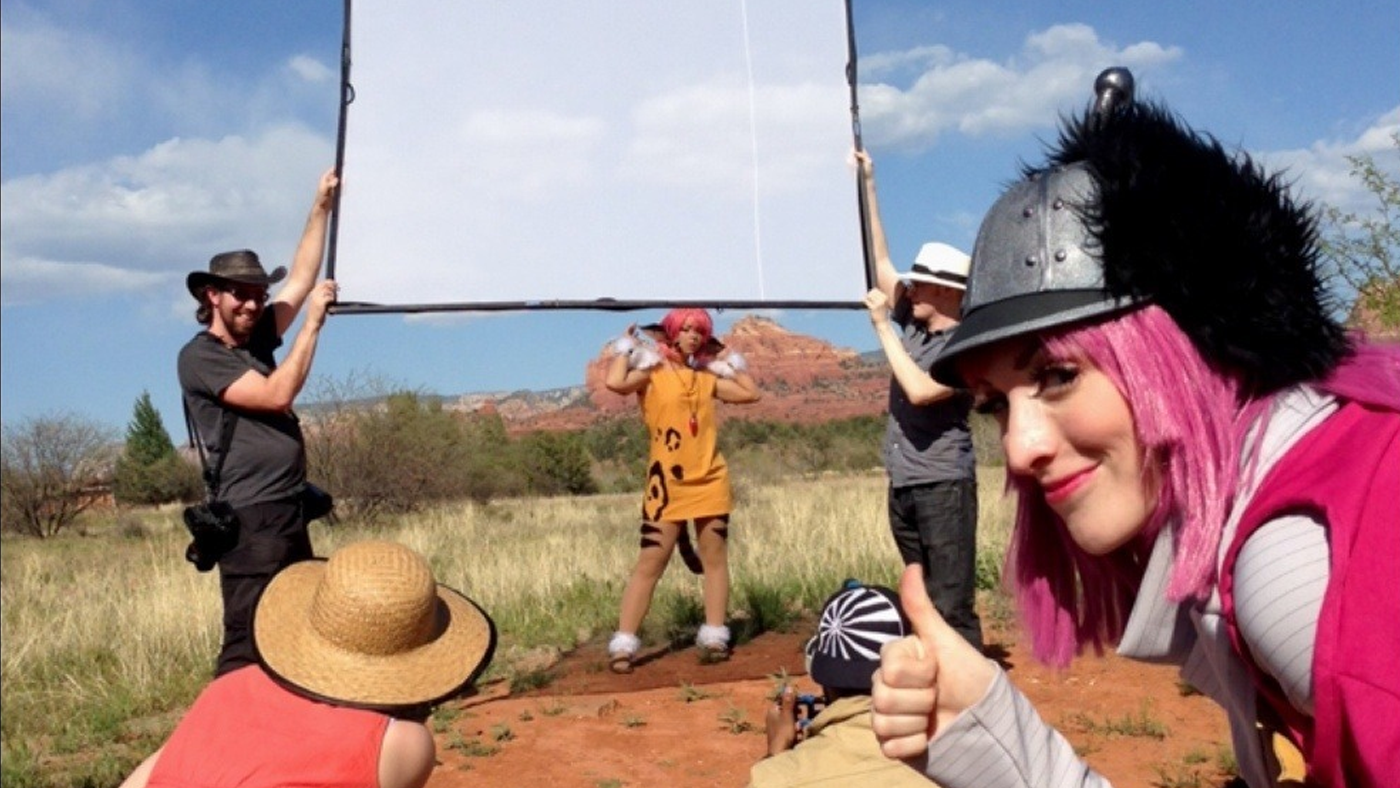 My crew using a scrim in Red Rock State Park, AZ to soften the harsh desert sunlight. Bianca approves.